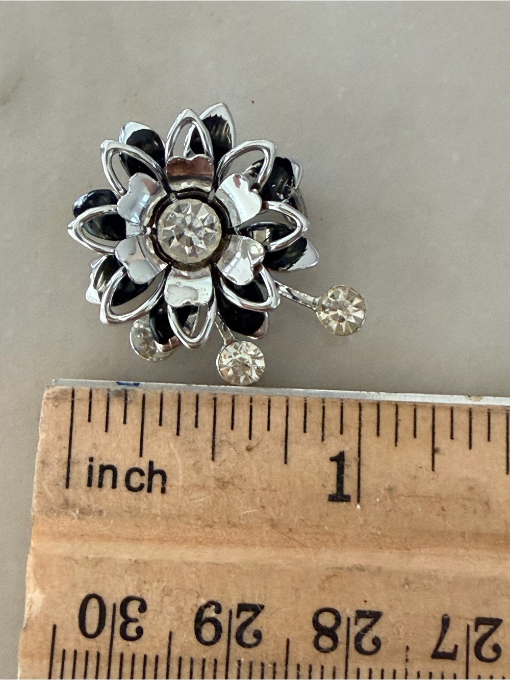 Vintage 60's 70's Flower Brooch Silver Black Enamel Dangle Pin Atomic Starburst - Picture 8 of 9